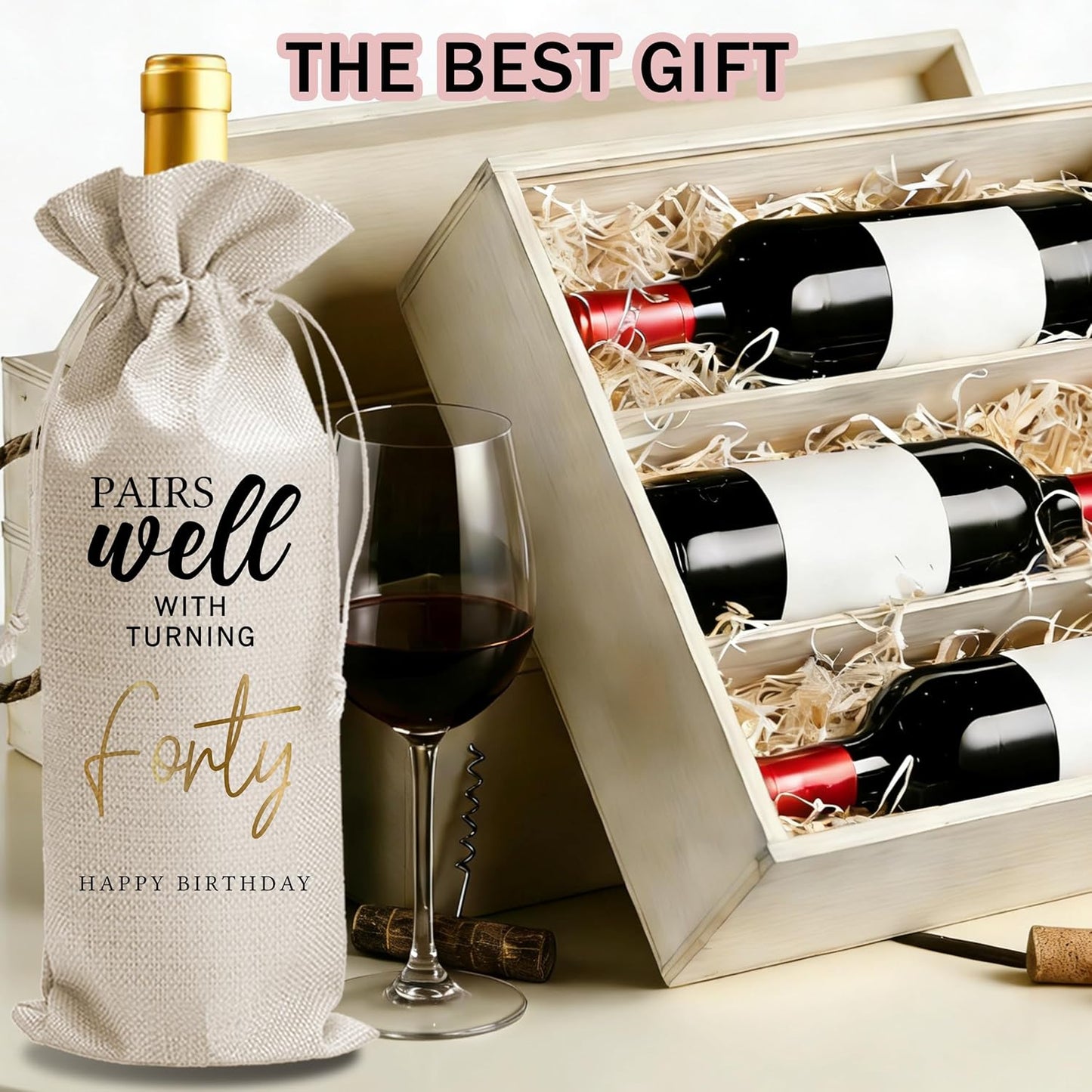 Bolsa de regalo de vino para cumpleaños 40 hombres y mujeres con cordón