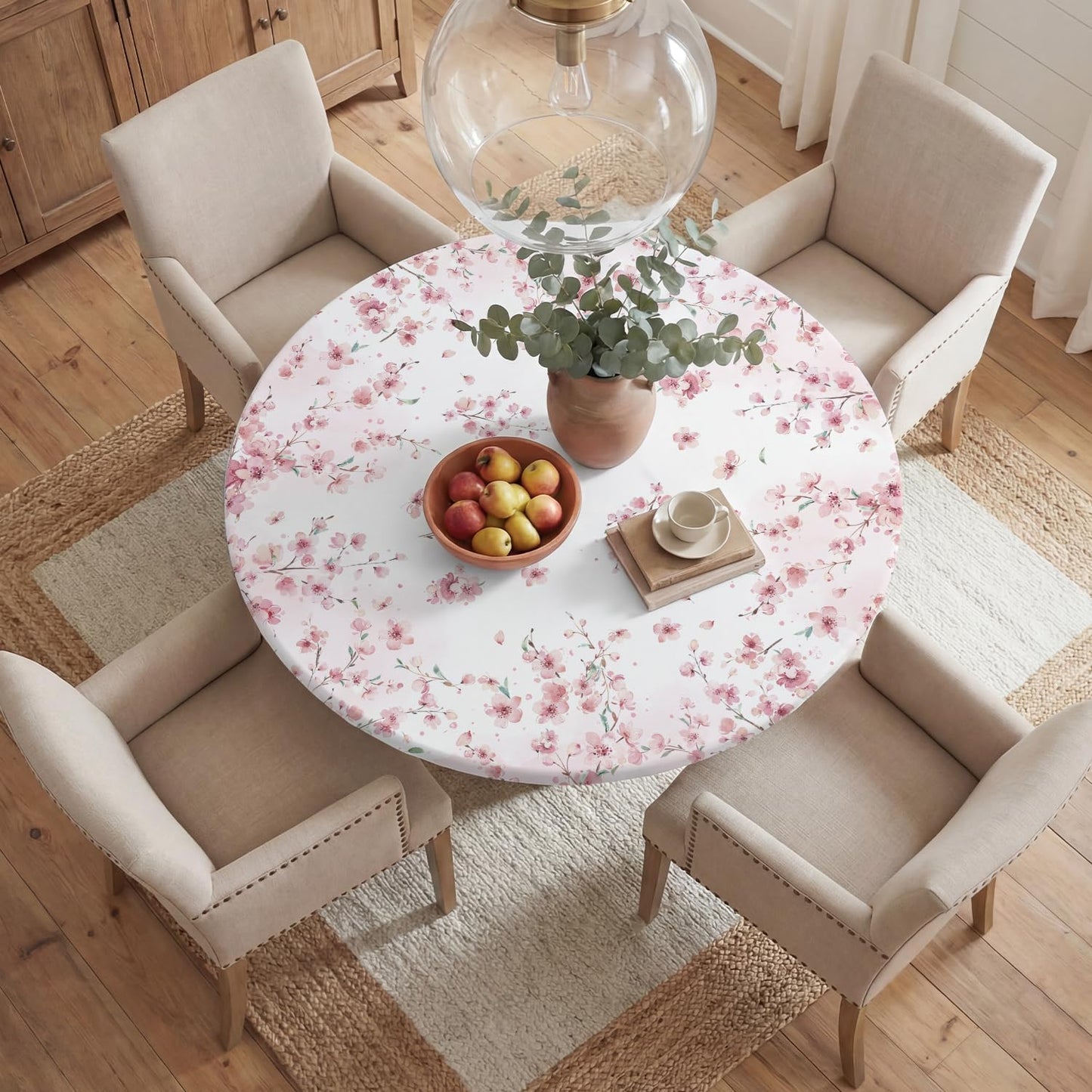 Mantel Redondo Primavera 60pulg Diseño Cerezo Rosa Elástico Lavable