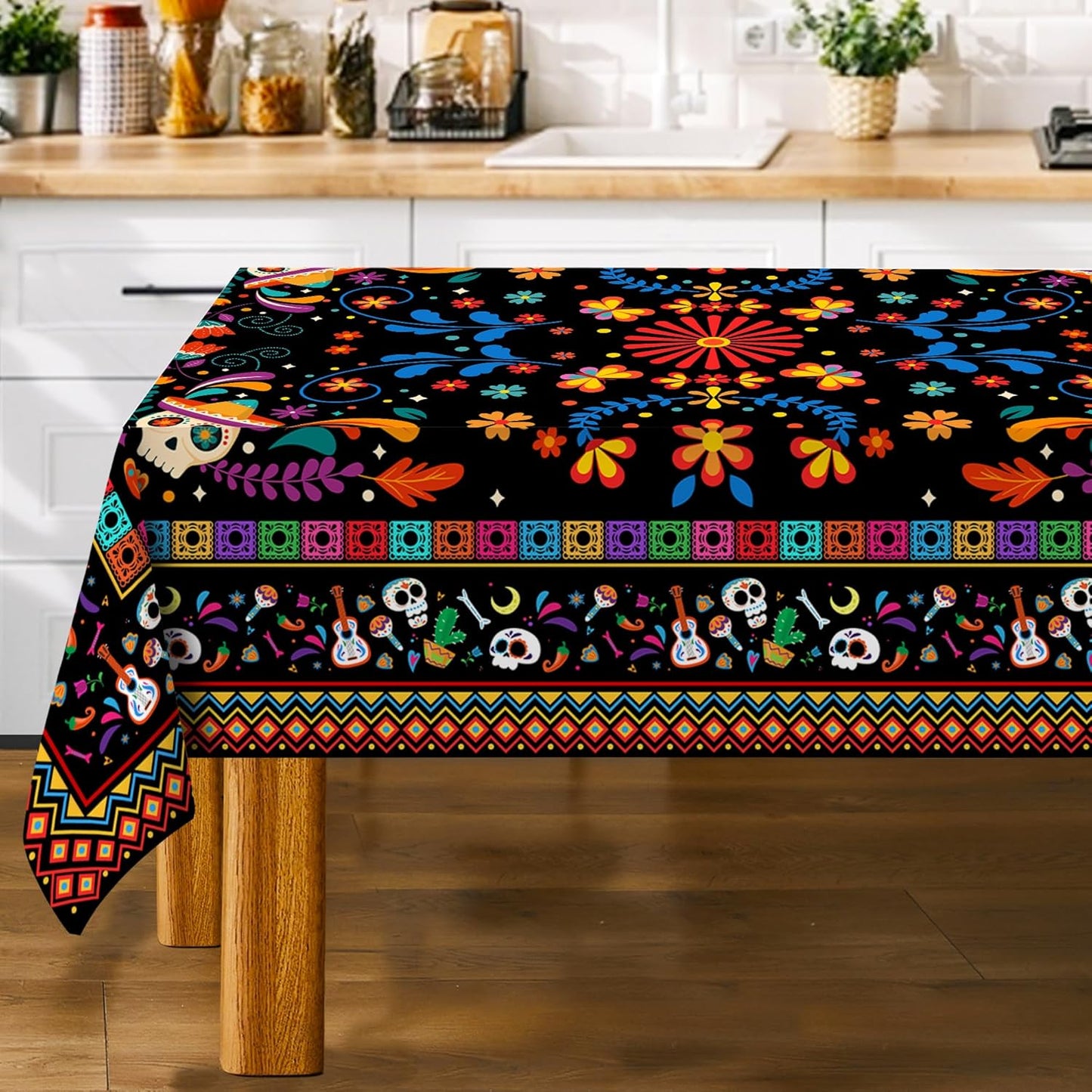 Mantel rectangular mexicano de 60x120 pulgadas con calaveras de flores para comedor y fiesta