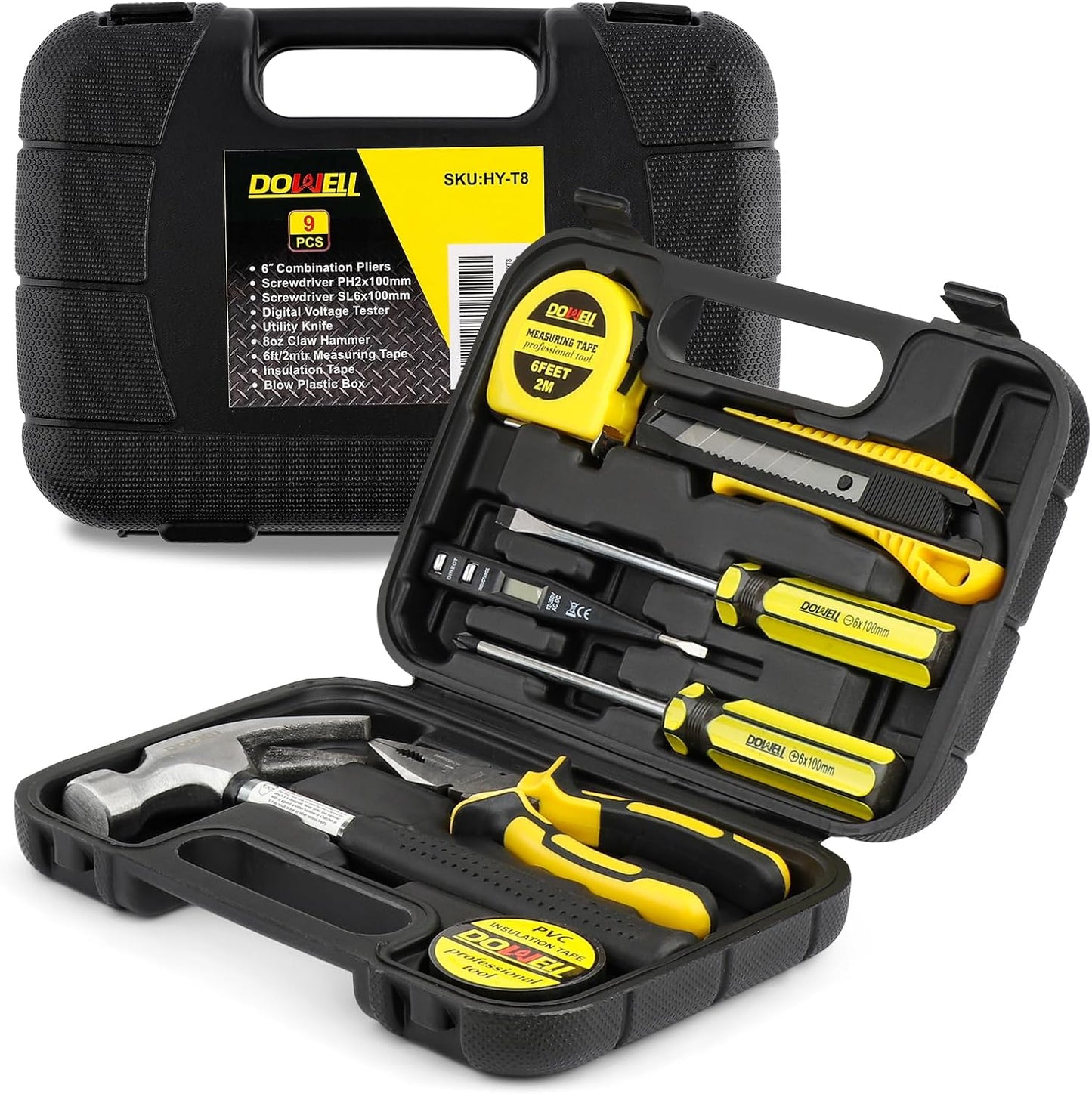 Set 9 Pzas Kit Herramientas Manuales para Hogar con Caja Plástico