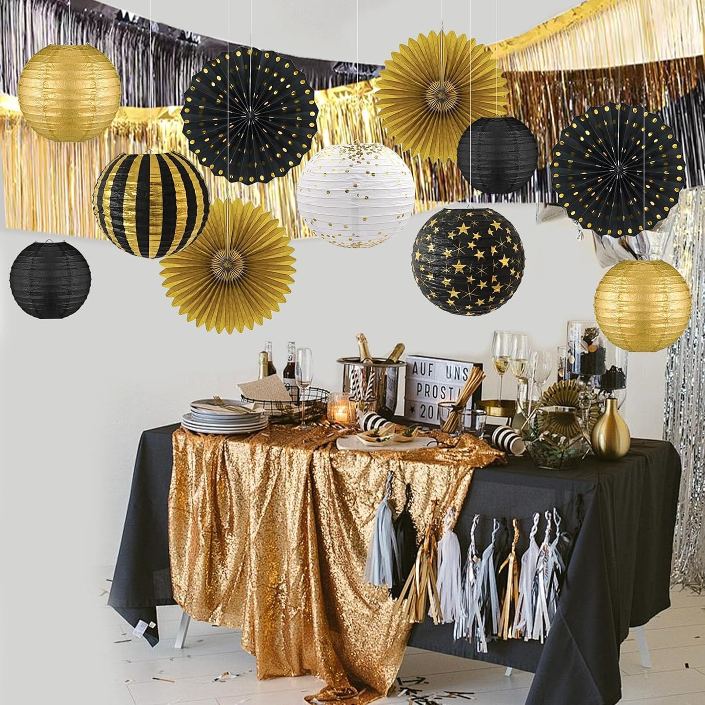 Juego decoraciones fiesta negras doradas cumpleaños aniversario