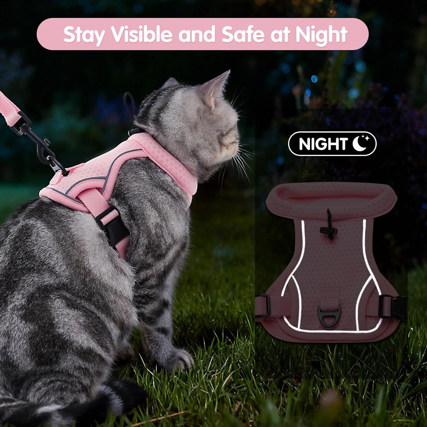 Arnés ajustable para gatos con tira reflectante