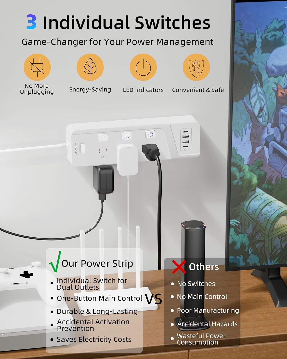 Regleta sobretensiones 6 tomas 4 puertos USB con cable 6ft
