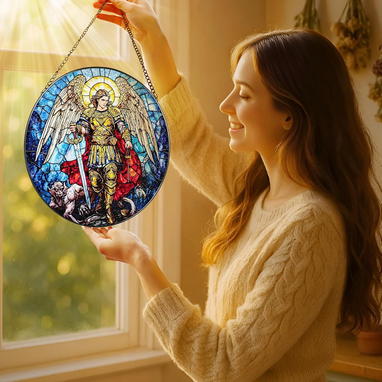 Atrapasoles arcángel Miguel decoración espiritual para ventana