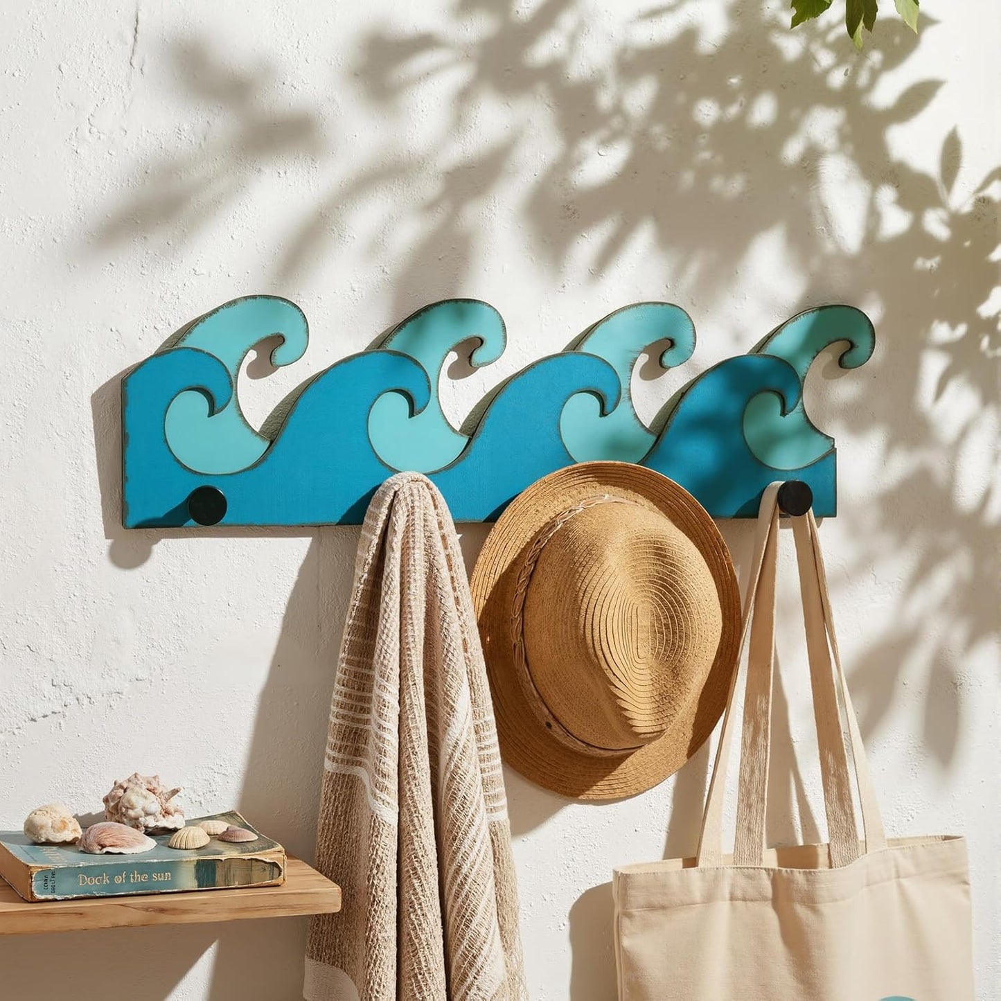 Toallero pared 4 ganchos madera onda oceánica náutico