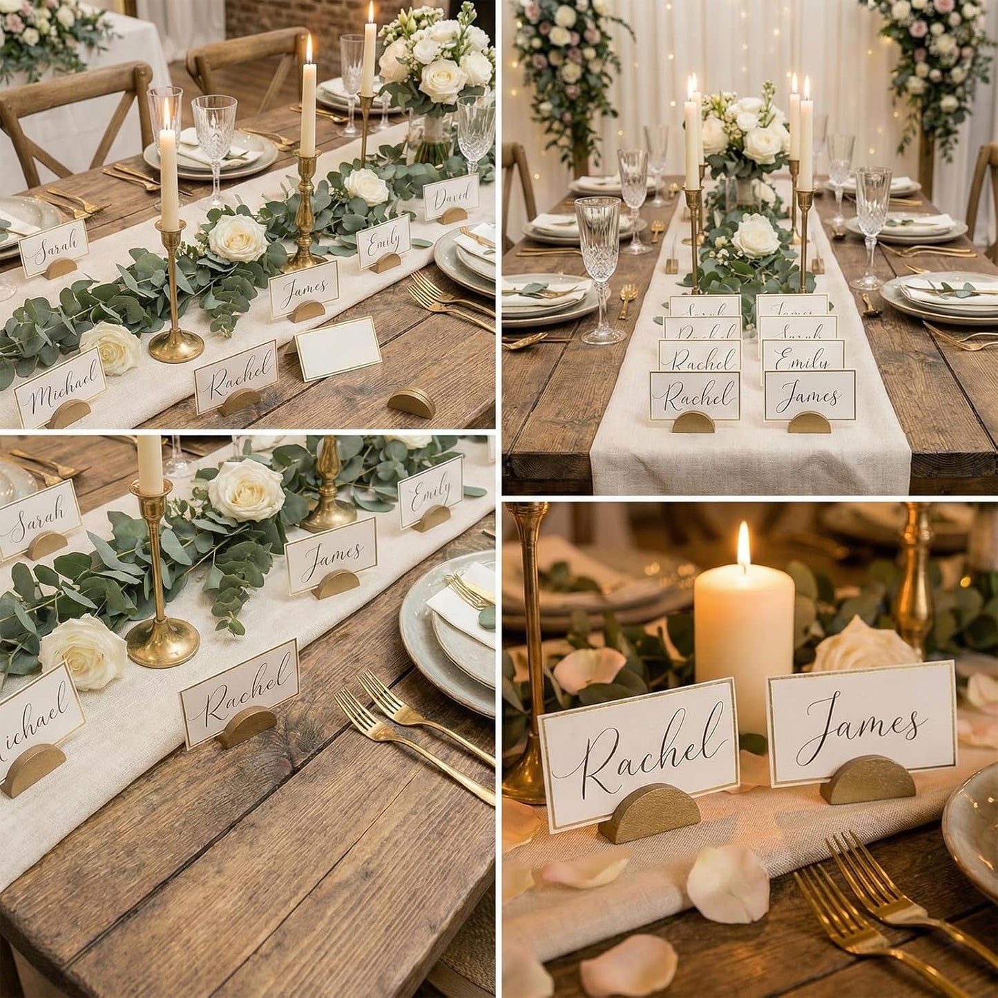 Juego de 24 tarjetas blancas con base de madera para mesa de boda