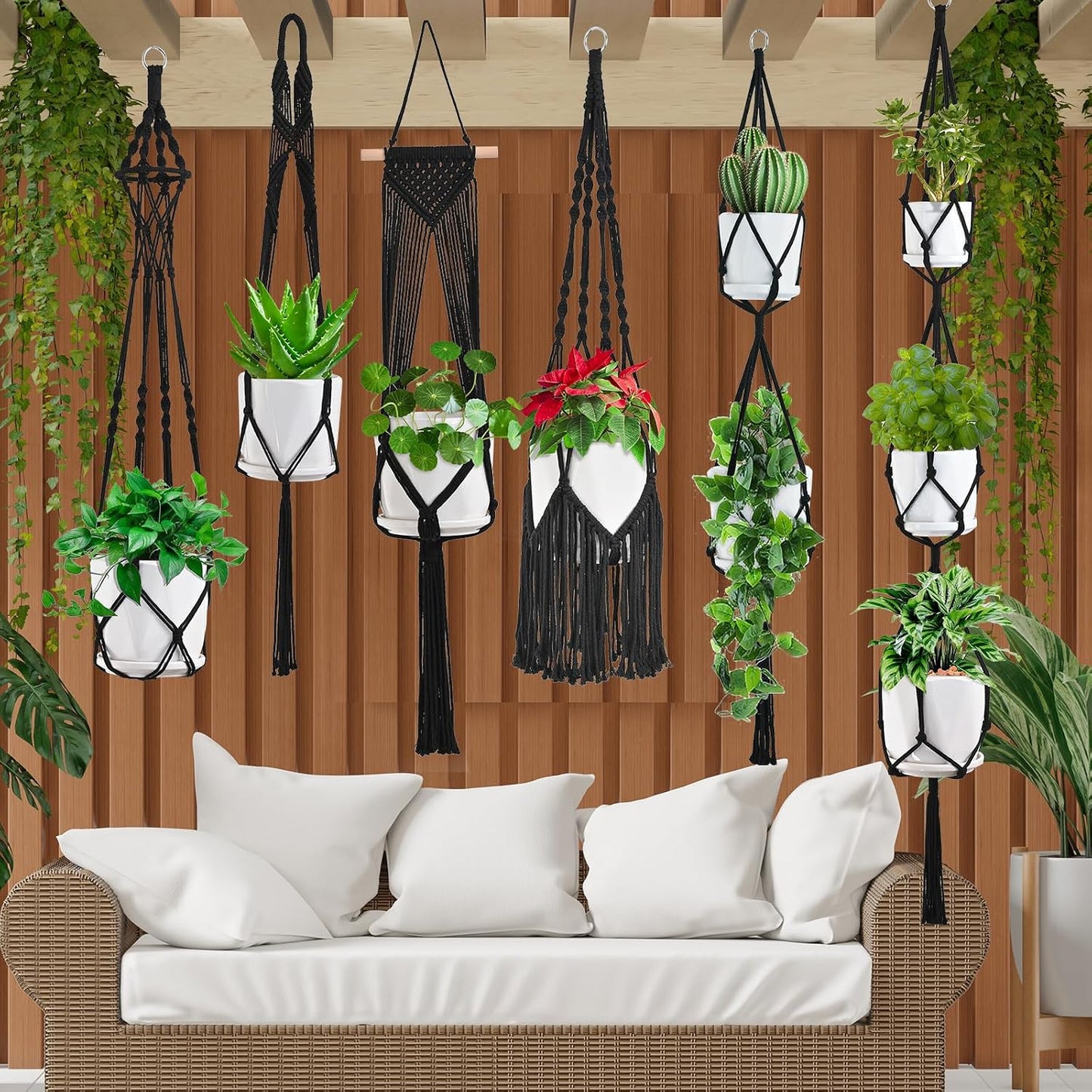 6 Pzas Colgadores Macramé para Plantas Interior con Ganchos