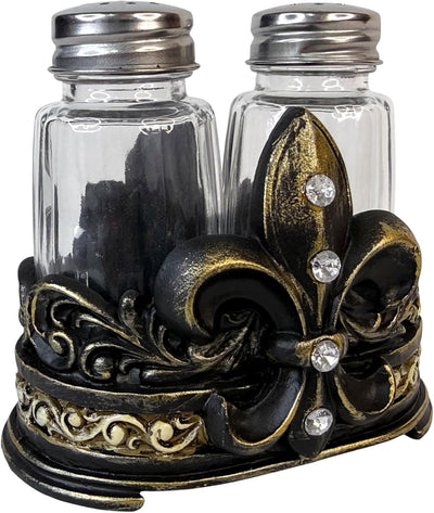 Juego de salero y pimentero Fleur De Lis con soporte de resina y cocteleros de vidrio