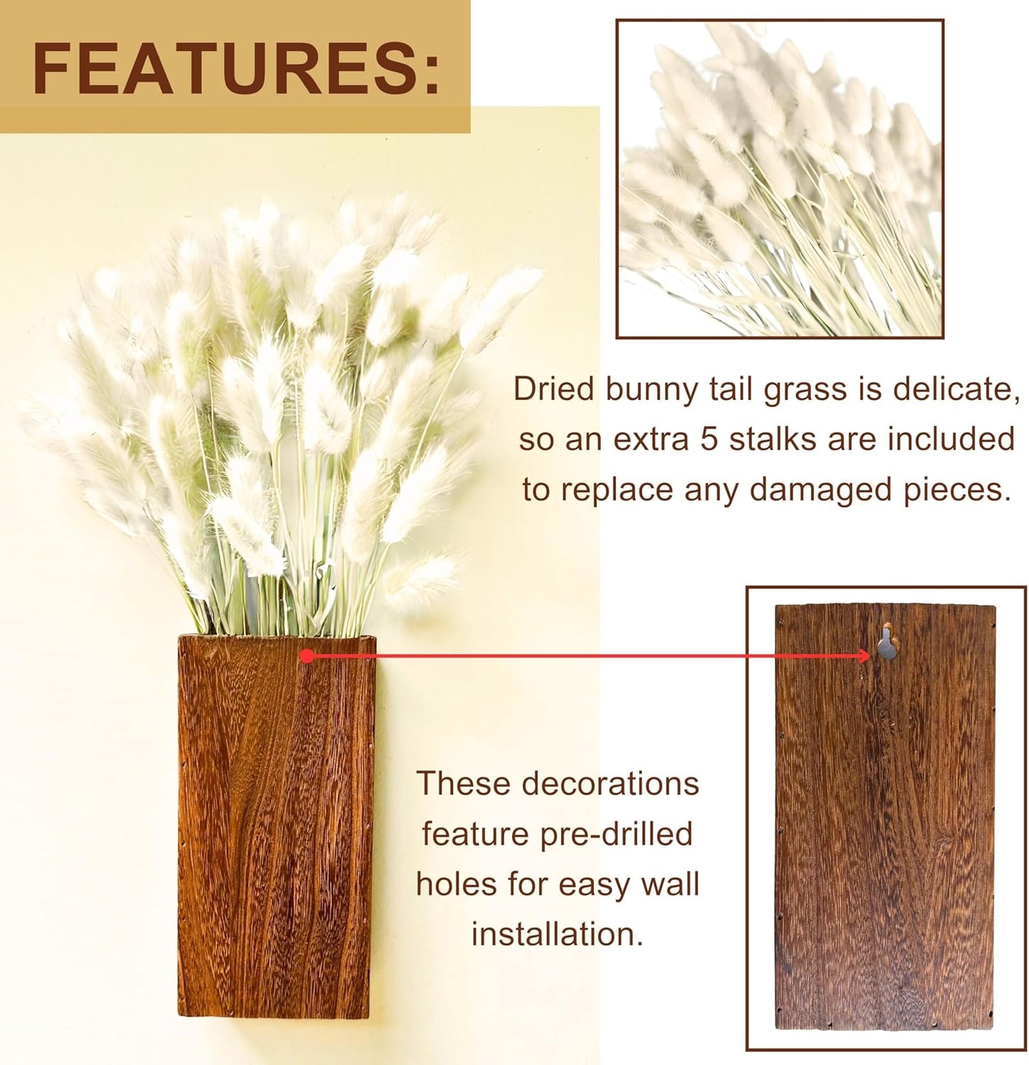 Macetas pared madera 8pulg 2uds tallos flores secas decoracion