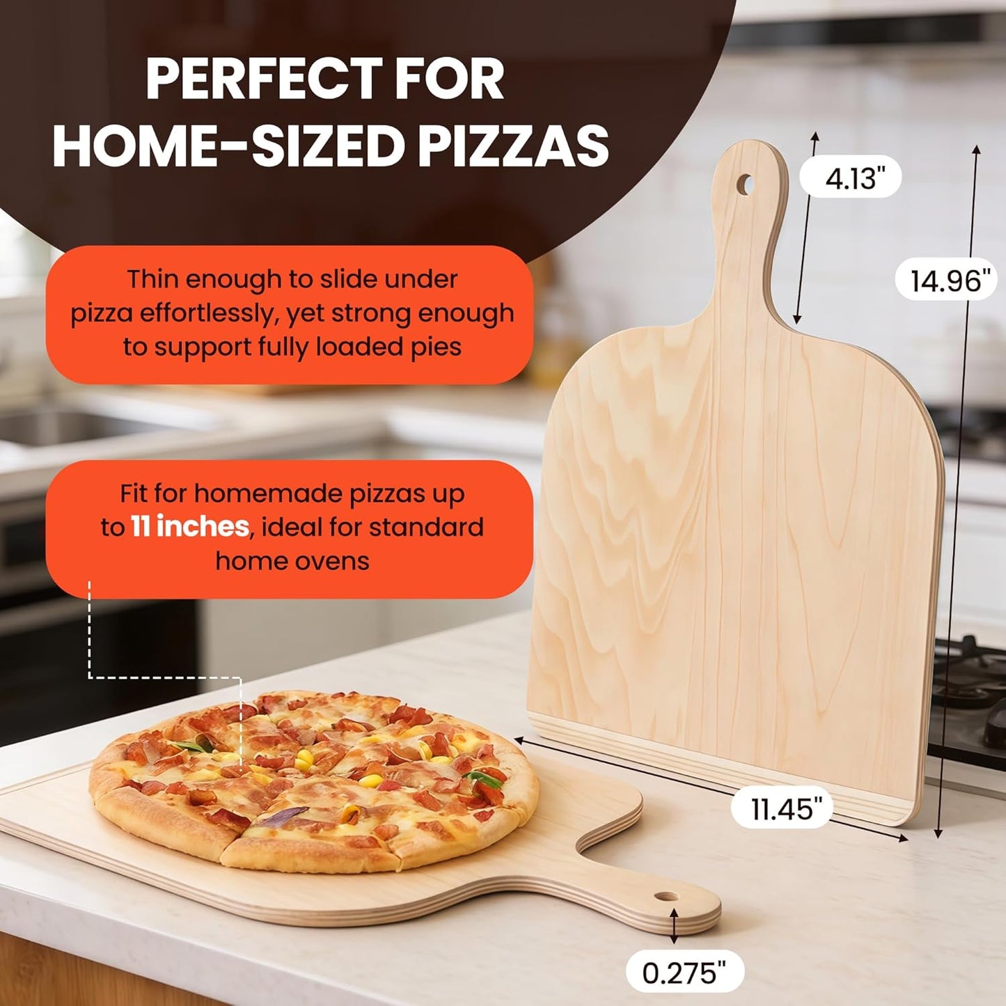 Palanca de pizza de madera sin adherir 11 pulgadas con mango antideslizante