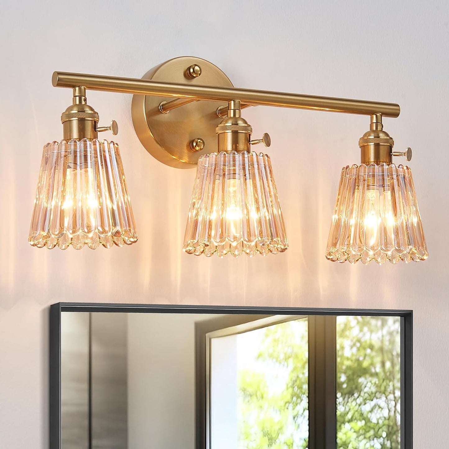 Lámpara tocador 3 luces vintage dorado latón cepillado vidrio