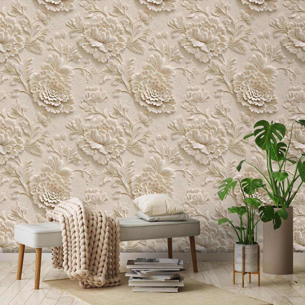 Papel tapiz autoadhesivo relieve floral 3D dormitorio