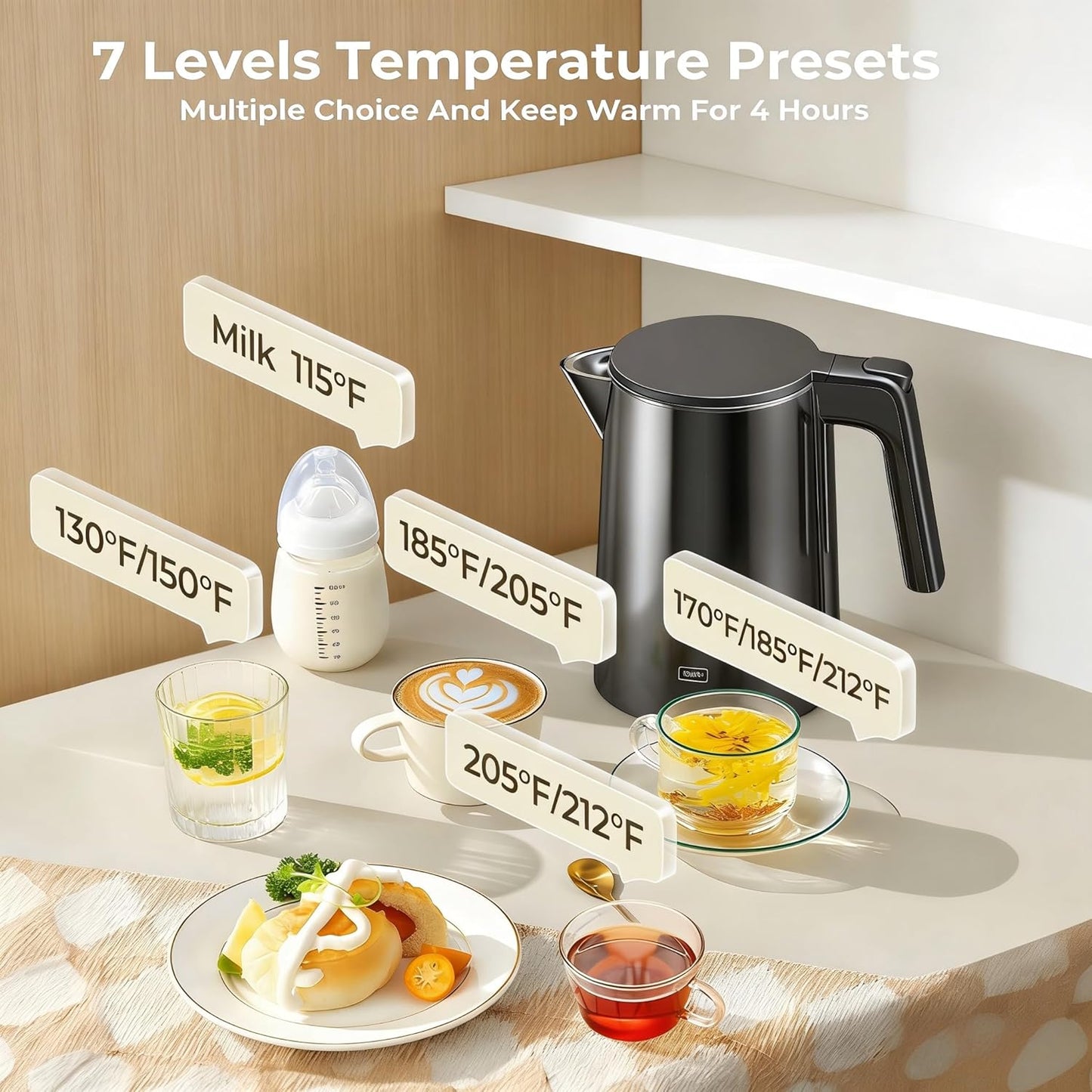 Hervidor eléctrico acero inox 304 1L 1200W control temperatura té