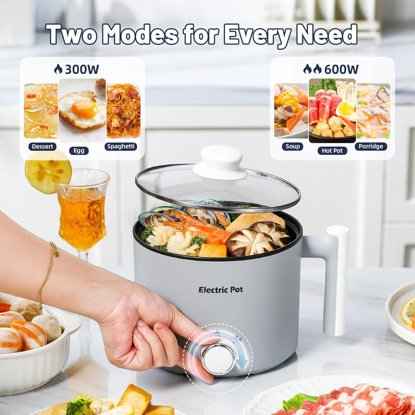 Olla eléctrica mini para ramen 1.5 L gris con protección contra sobrecalentamiento