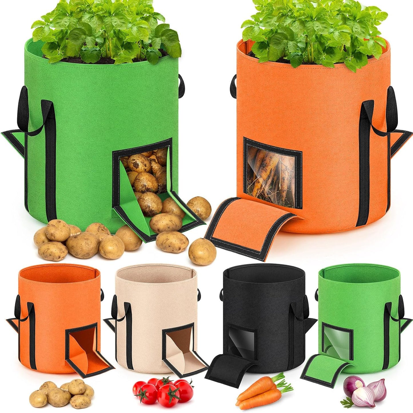 4 bolsas cultivo patatas 10gal con ventanas mango resistente