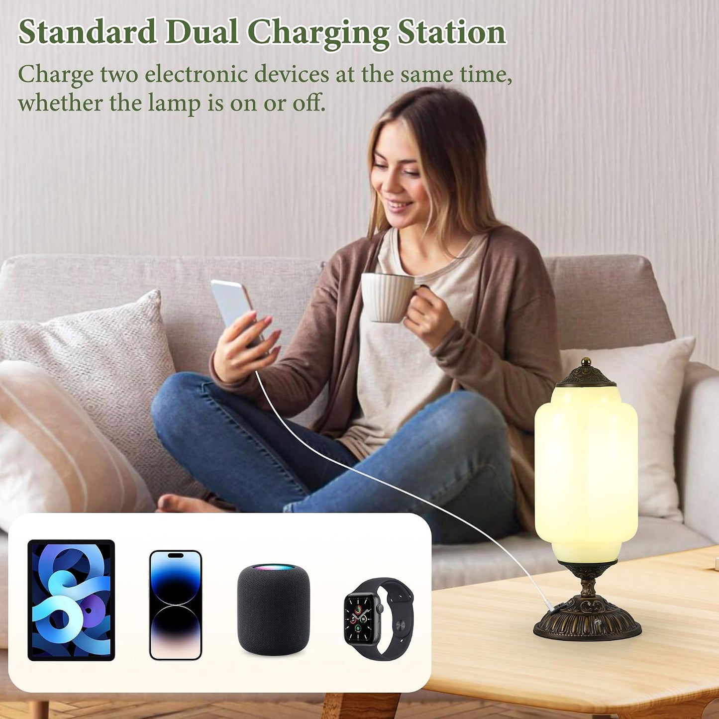 Lámpara mesa vintage vidrio leche control táctil 3 vías USB