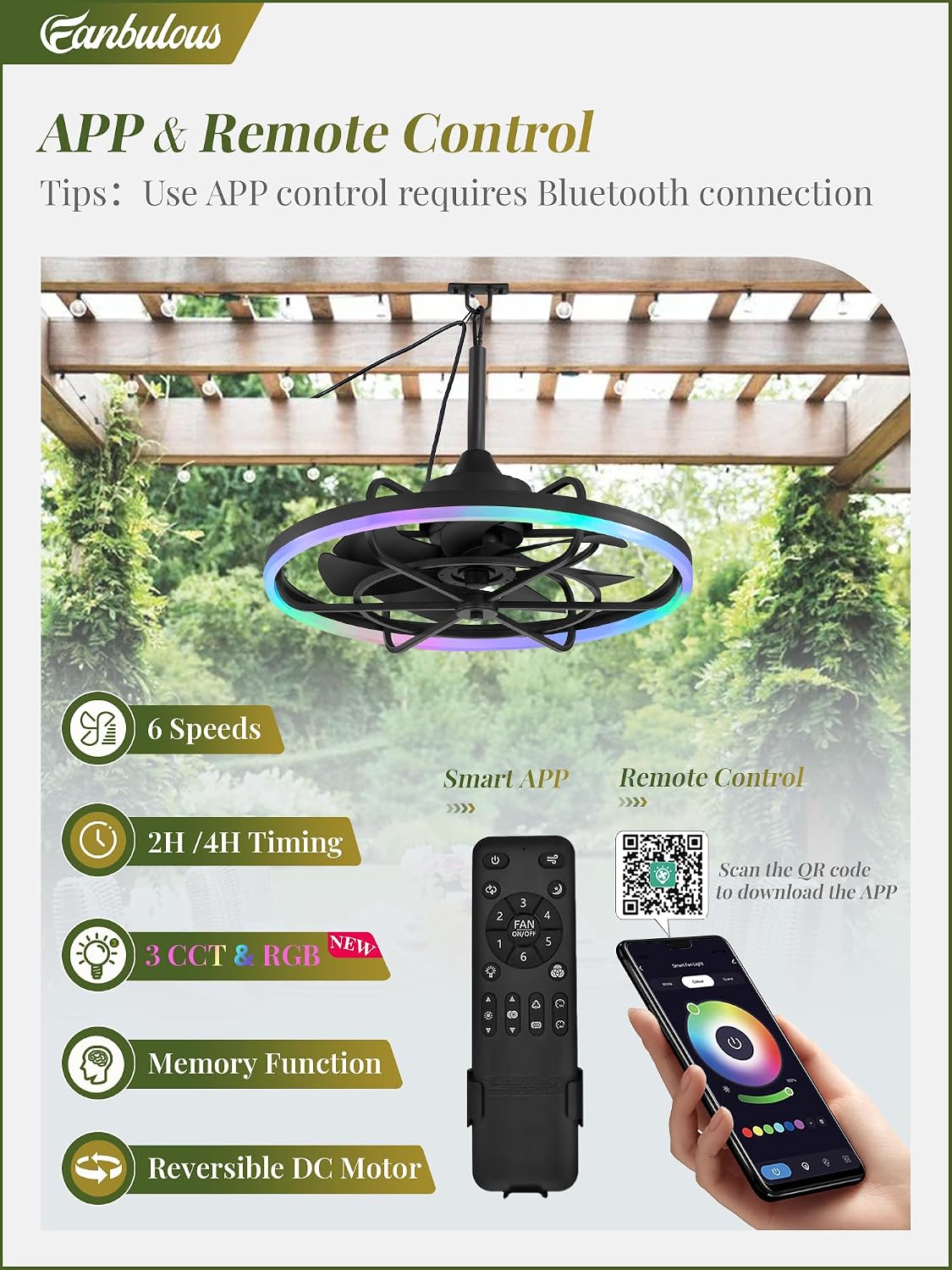 Ventilador techo RGB impermeable 24pulg control app 3CCT