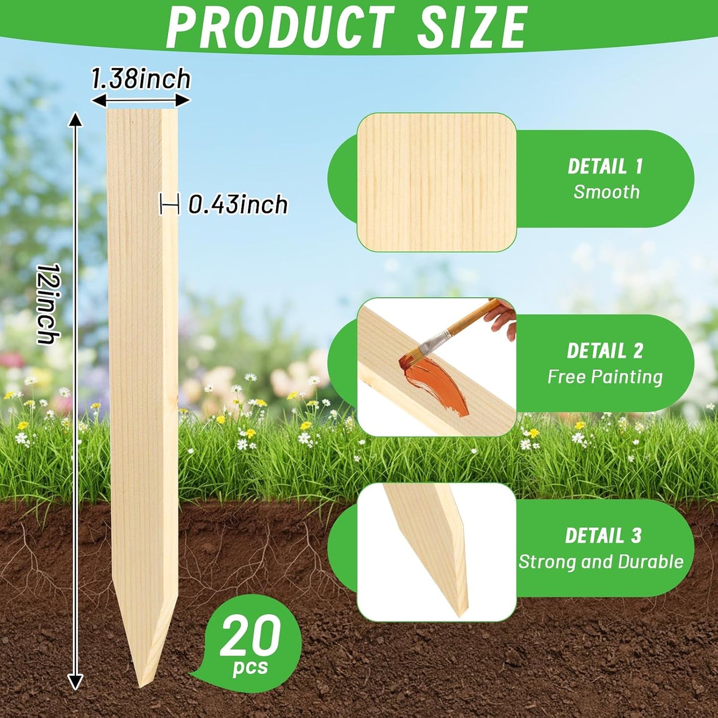 Pack 20 estacas madera jardín 12pulg para vides y vallas