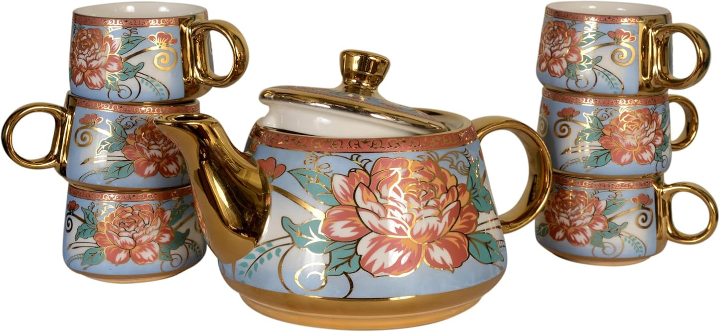 Set Té Cerámica 6 Pzas con Cazoleta para Hogar y Regalo