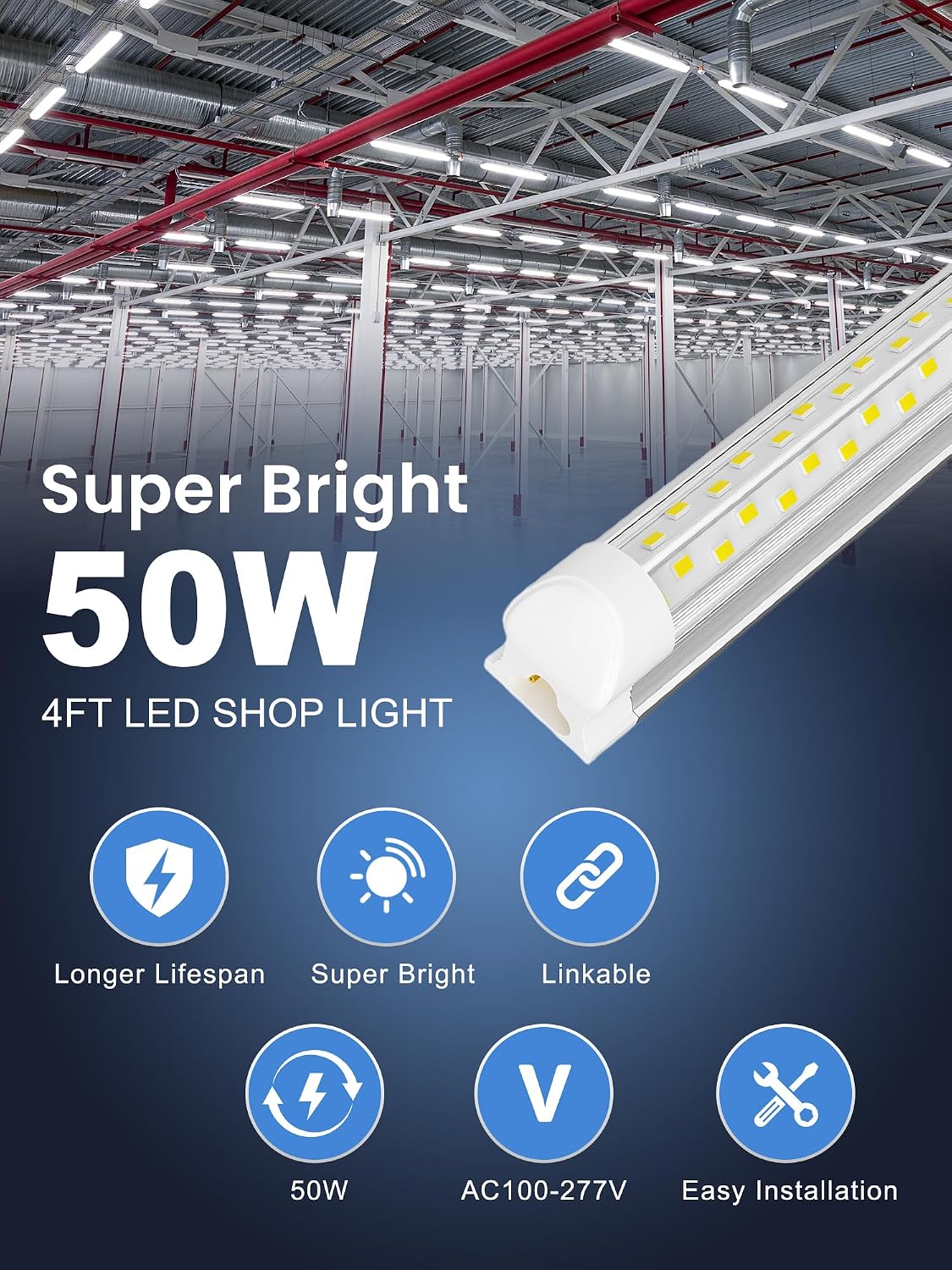 Luz LED tienda 4ft 50W 7500lm T8 enchufable cubierta transparente
