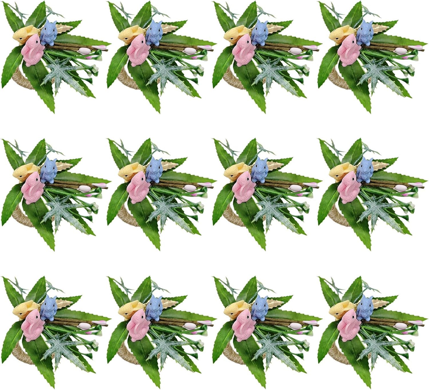 Servilleteros de Pascua con nido de pájaros y conejos de primavera
