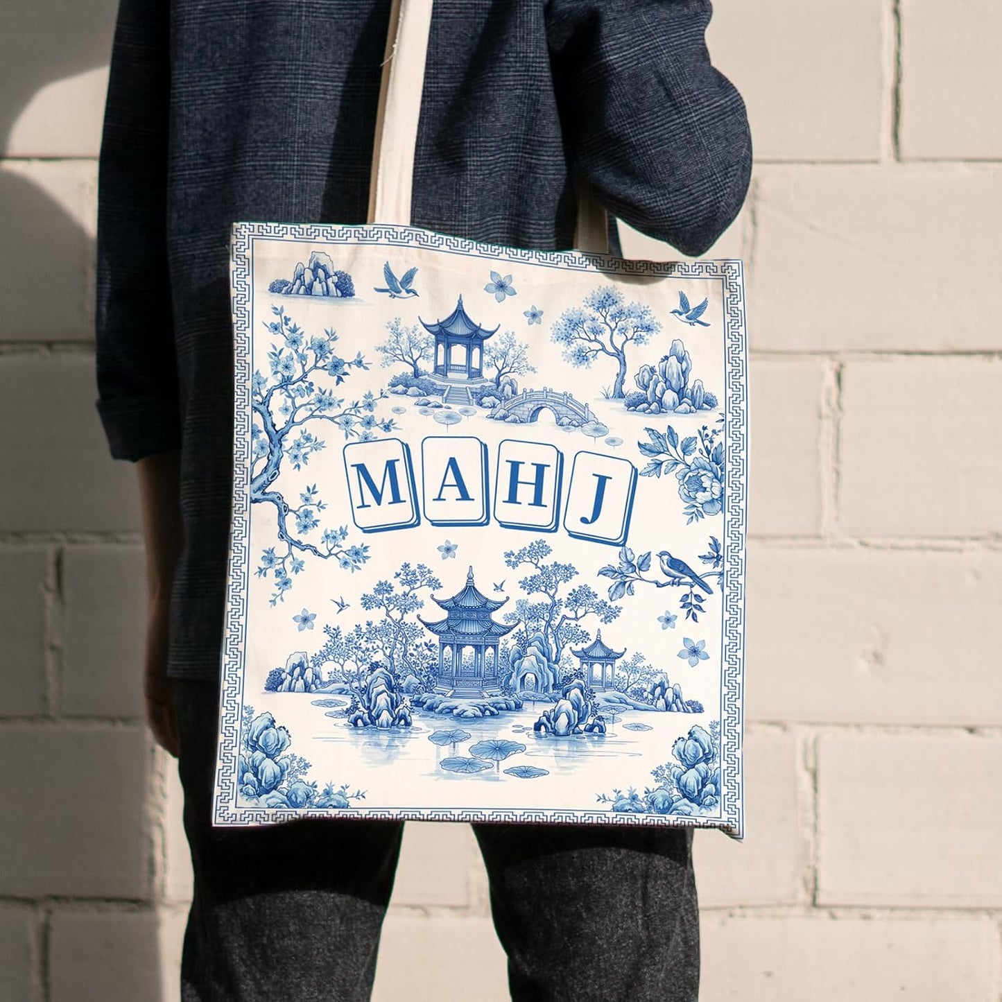 Bolsa de mano reutilizable chinoiserie con estampado azul para mujer