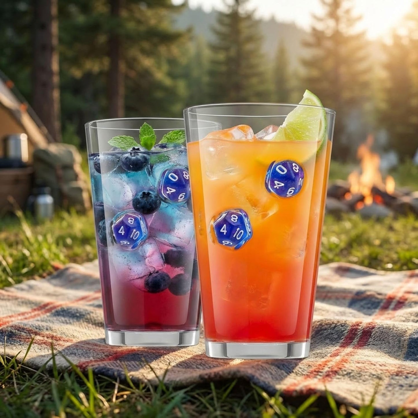 Vasos Highball de vidrio con dados DND incrustados azules