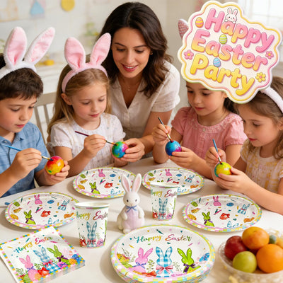 Juego de 125 platos y servilletas de Pascua con diseño de conejo colorido