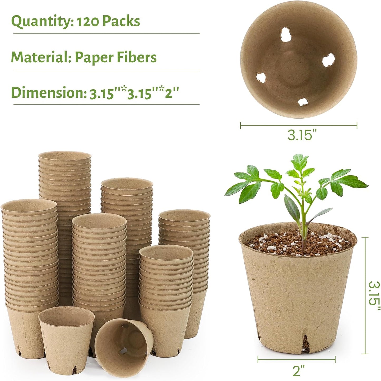 120 Macetas Turba 3.15pulg Biodegradables con Orificios Drenaje