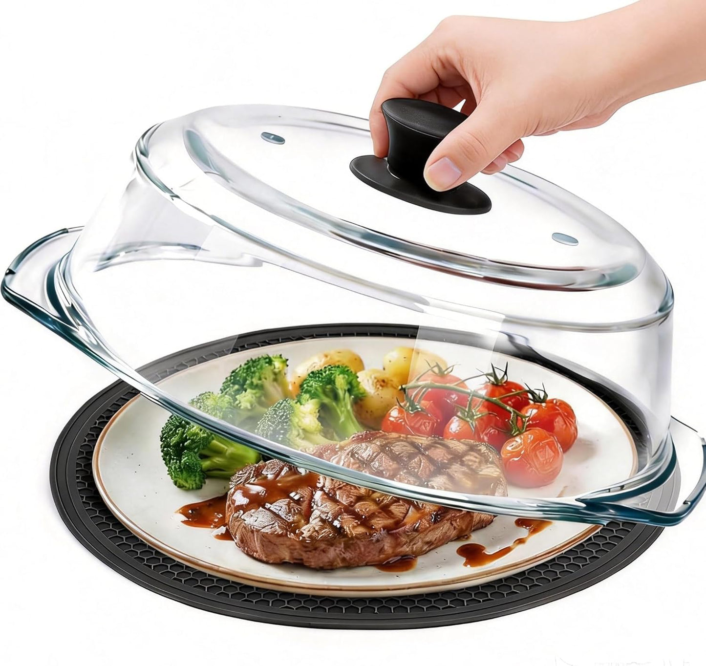 Cubierta de vidrio para microondas con tapete protector resistente, orificios de ventilación y mango de silicona sin BPA