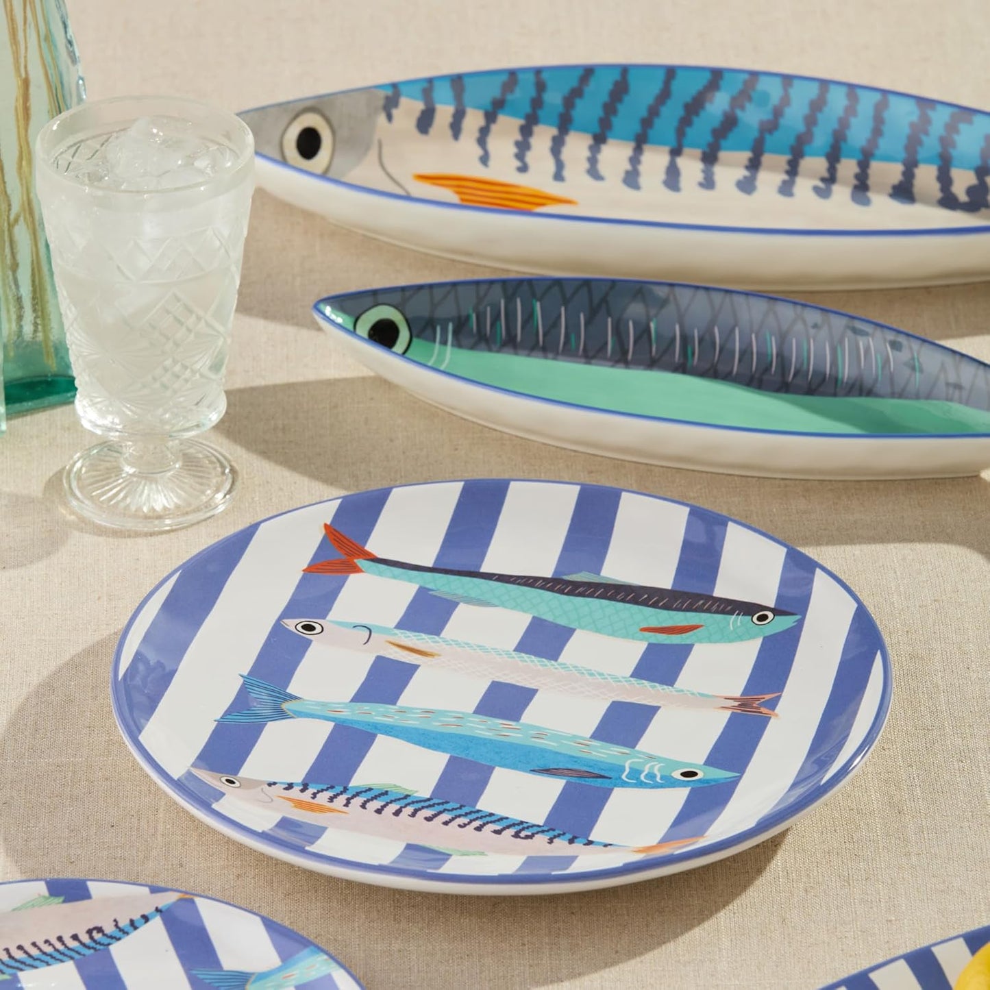 4 Pzas Platos Cerámica Náuticos 11pulg Rayas Azules Arte Pescado