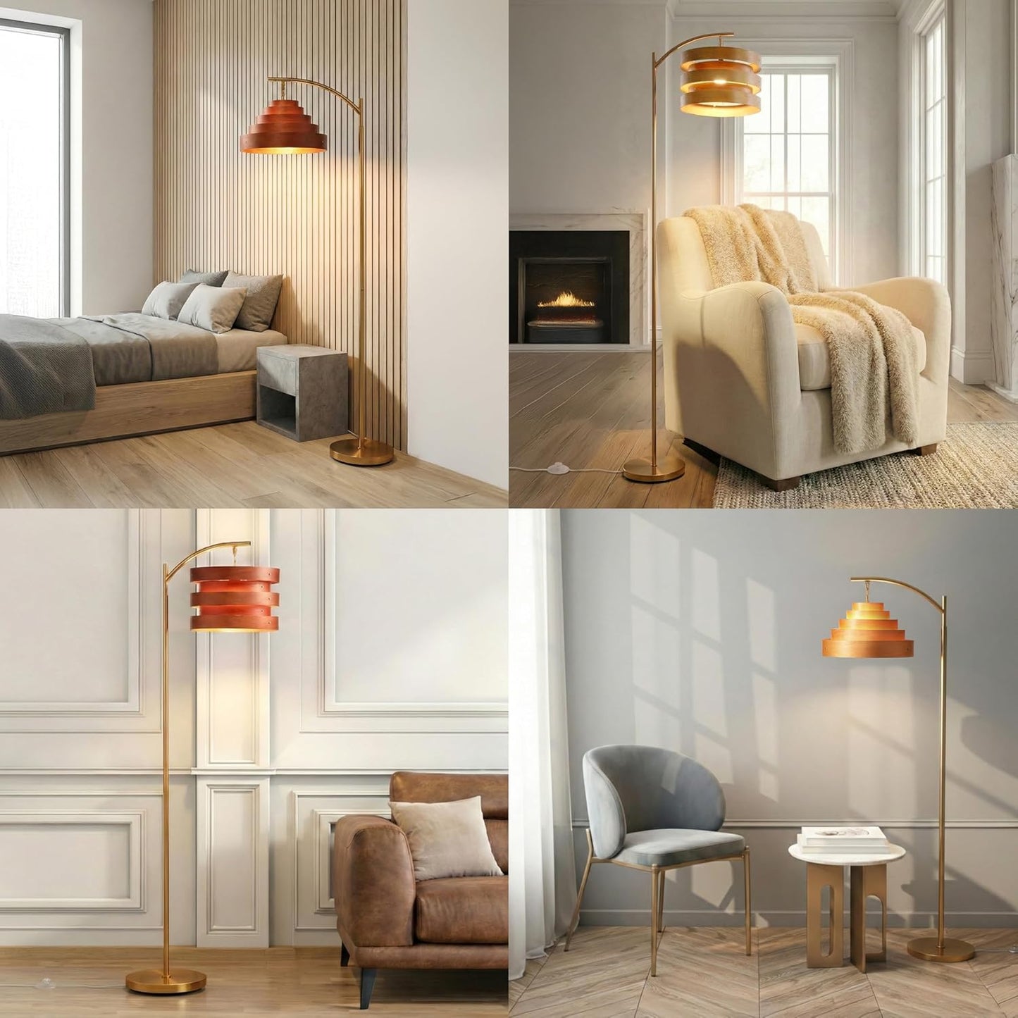 Lámpara pie madera moderna pantalla latón antiguo roble