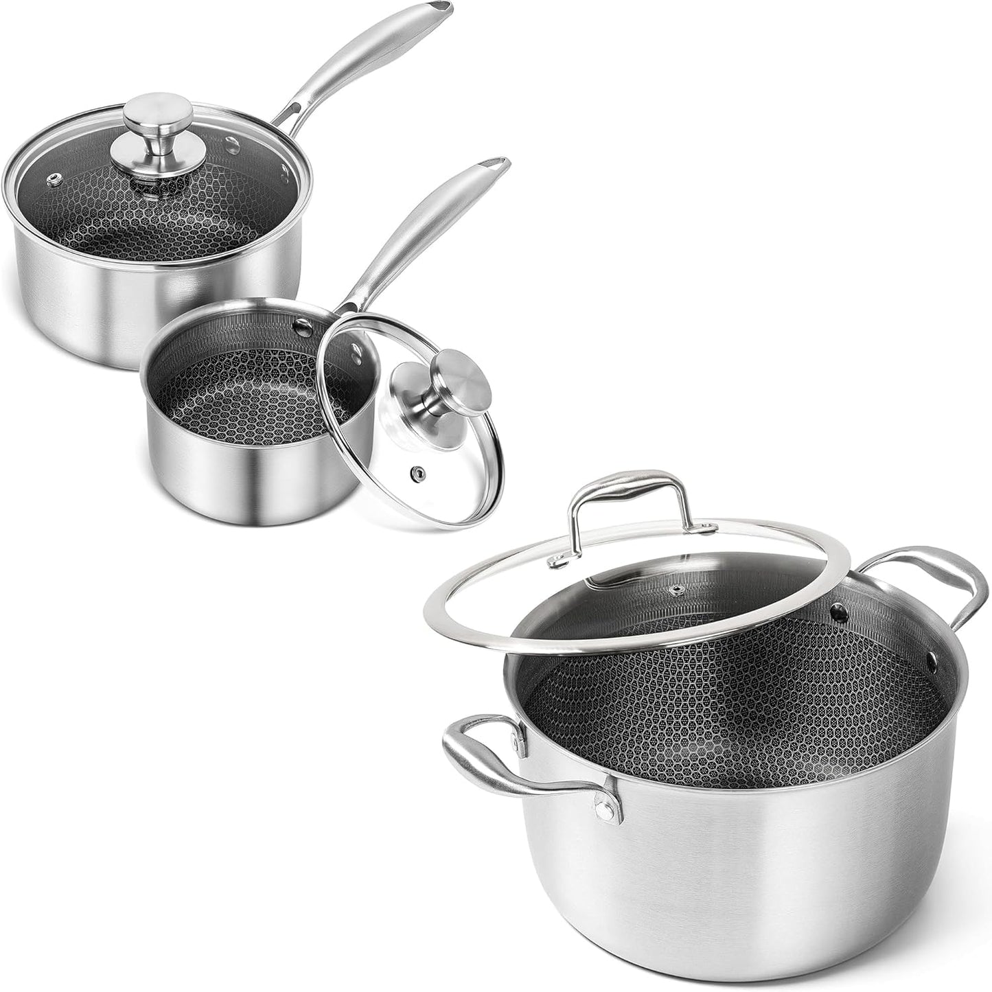 Set cacerolas acero inox 1qt y 2qt sartén triple capa con tapa