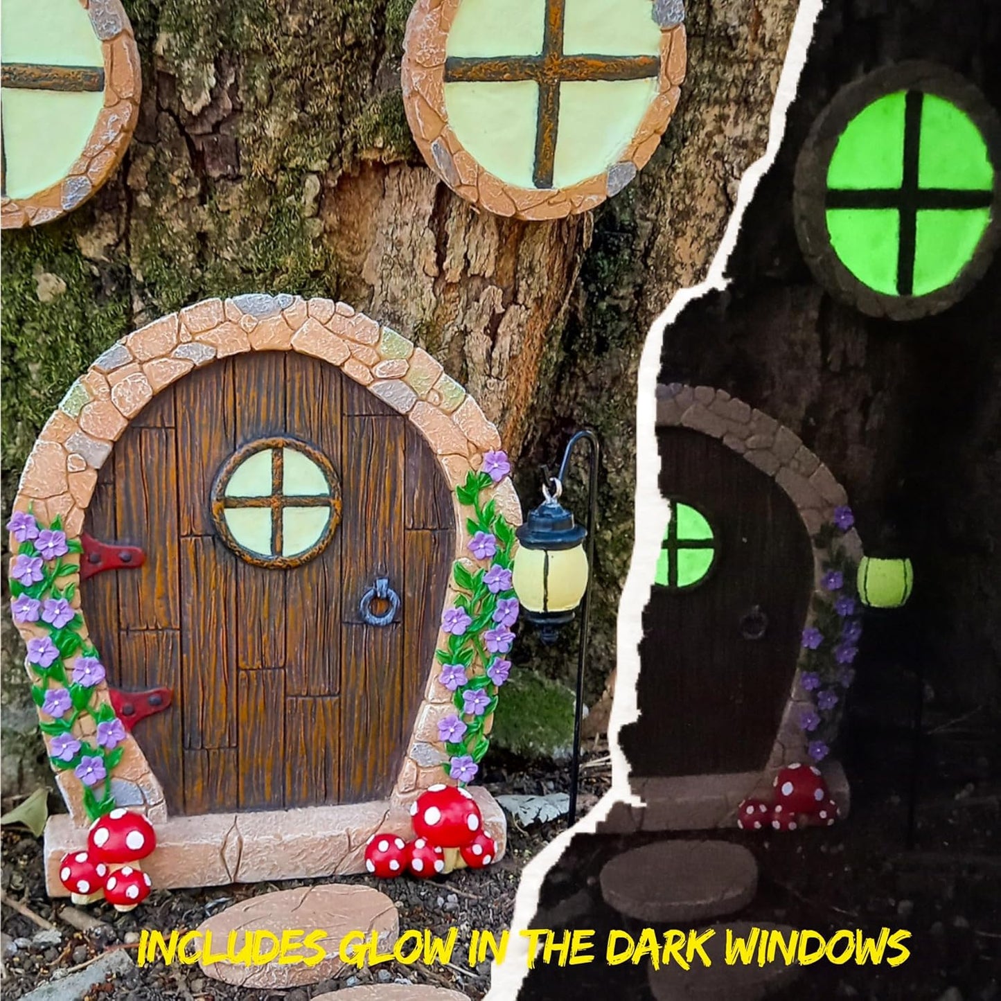 Puerta hadas con luz brilla oscuridad decoración
