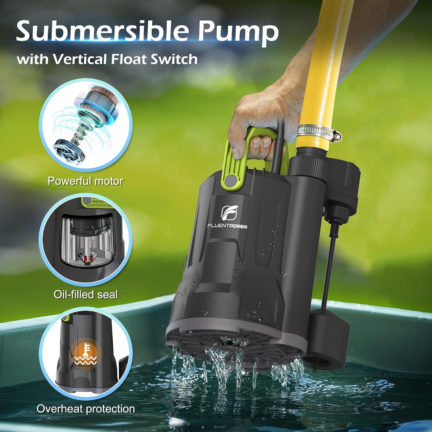 Bomba sumergible 3/4 HP 3000 GPH con flotador para piscina jardín