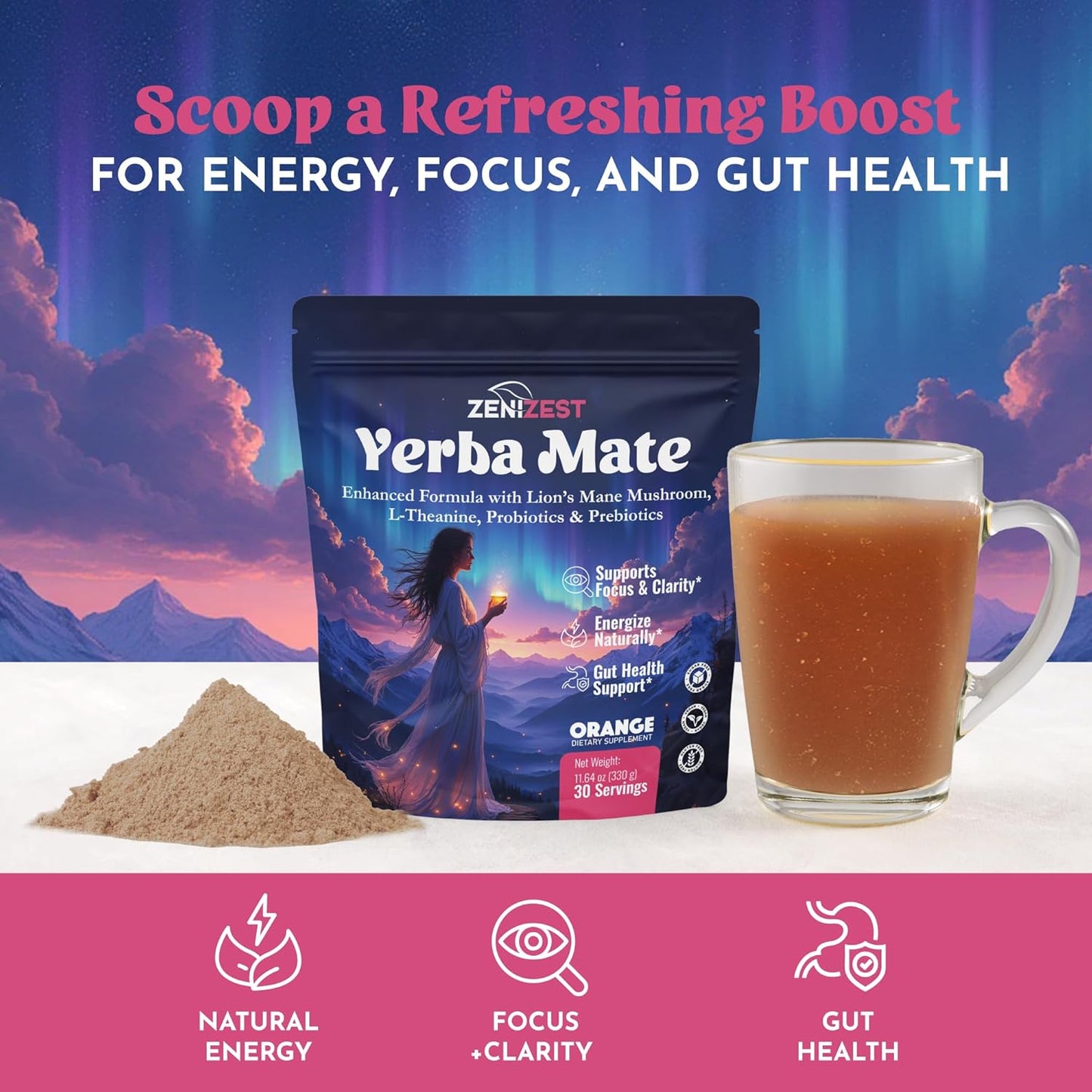 Yerba Mate Té Instantáneo Polvo con L-teanina y Prebióticos