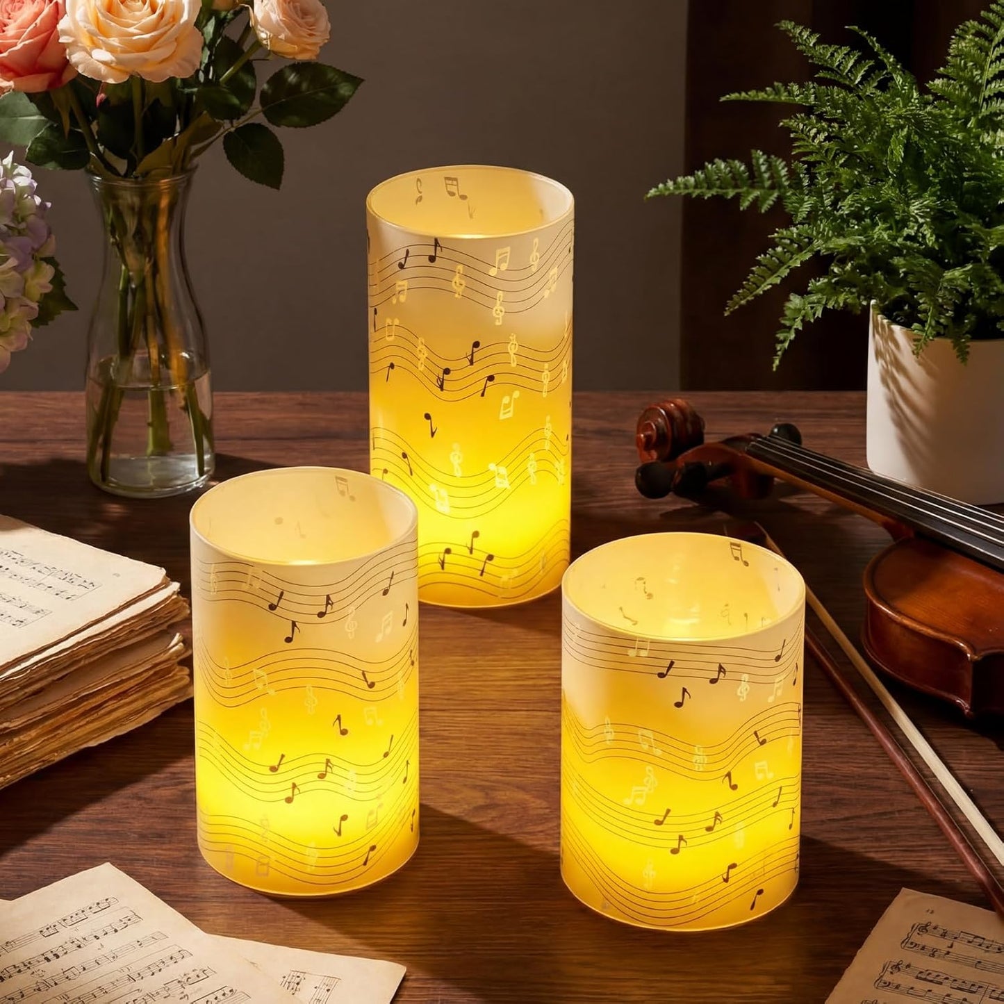 Set 3 Velas Votivas Sin Llama Notas Musicales LED Negro