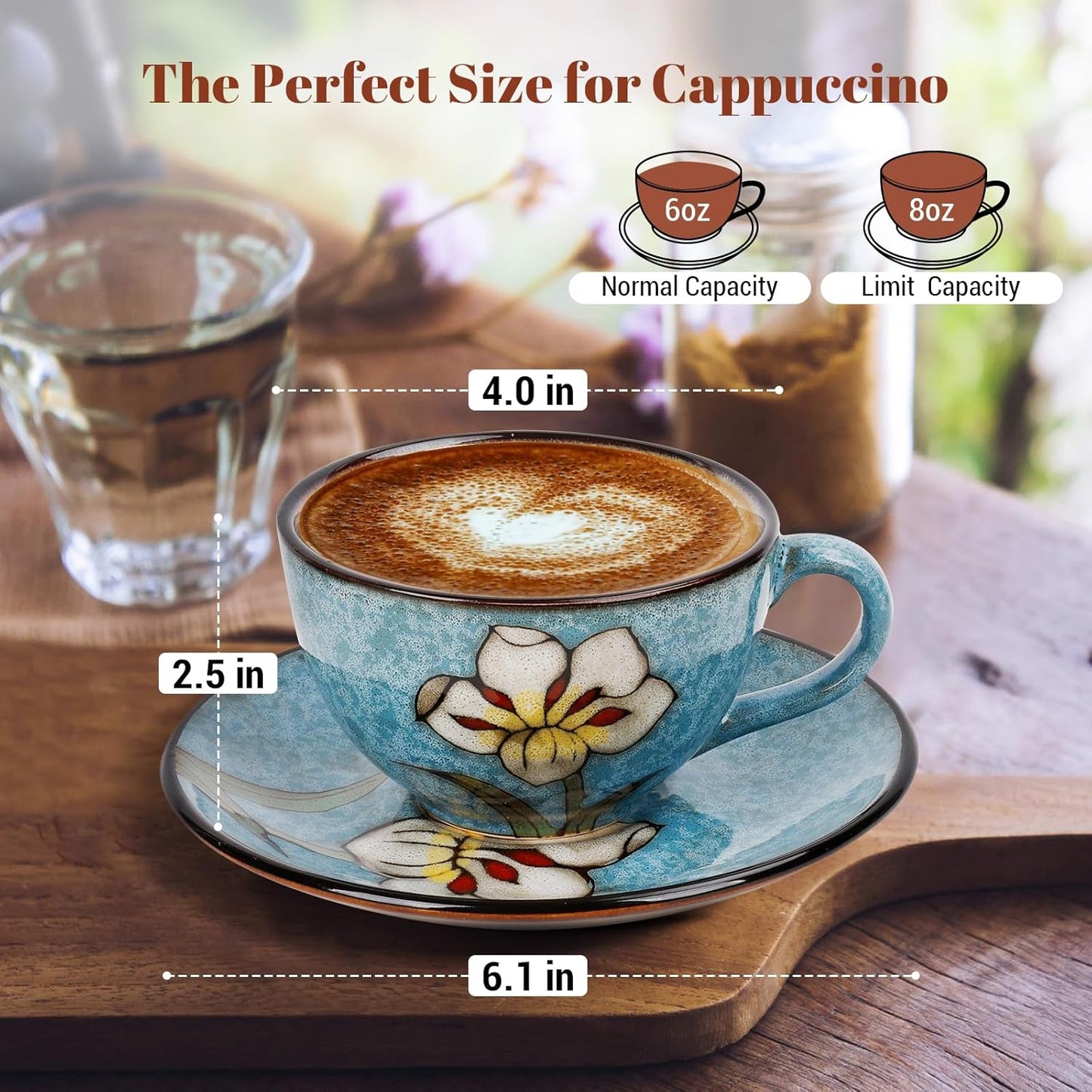 Set 4 Tazas Cappuccino Cerámica 8oz con Plato 30oz Regalo Mujer
