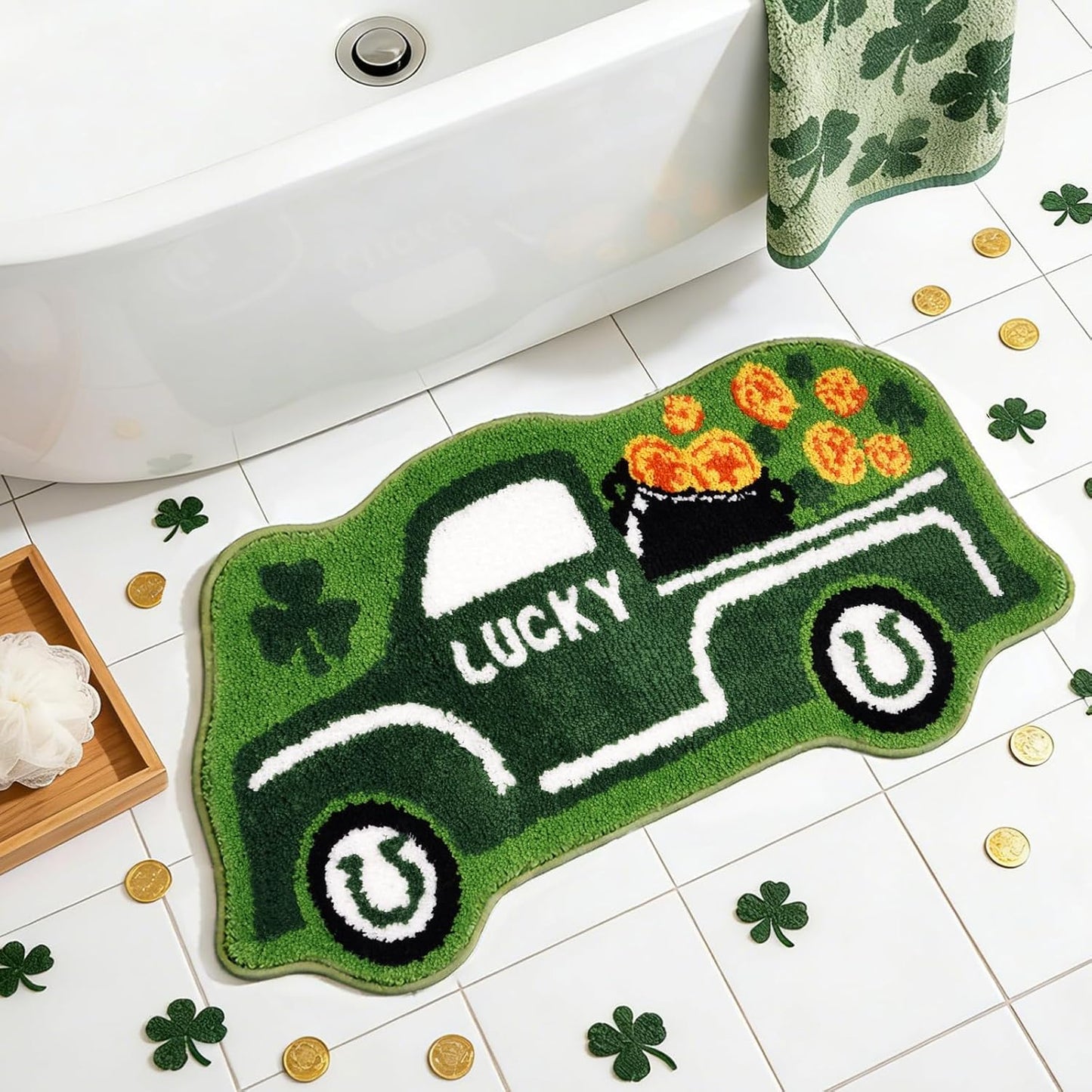 Alfombra San Patricio con maceta oro y trébol antideslizante baño