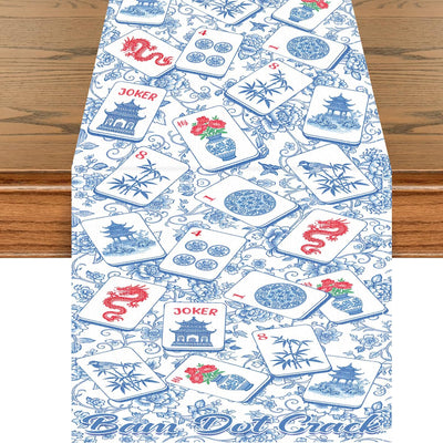 Decoración mesa fiesta Mahjong estilo chino azul y blanca