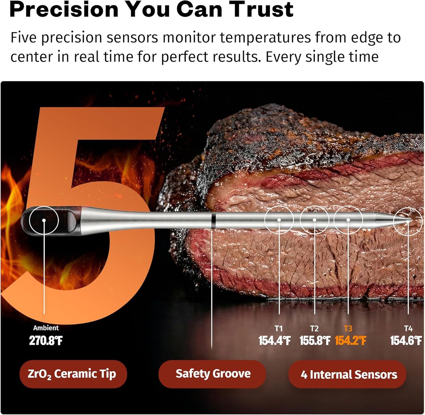 Termómetro carne inalámbrico app 5 sensores para parrilla horno