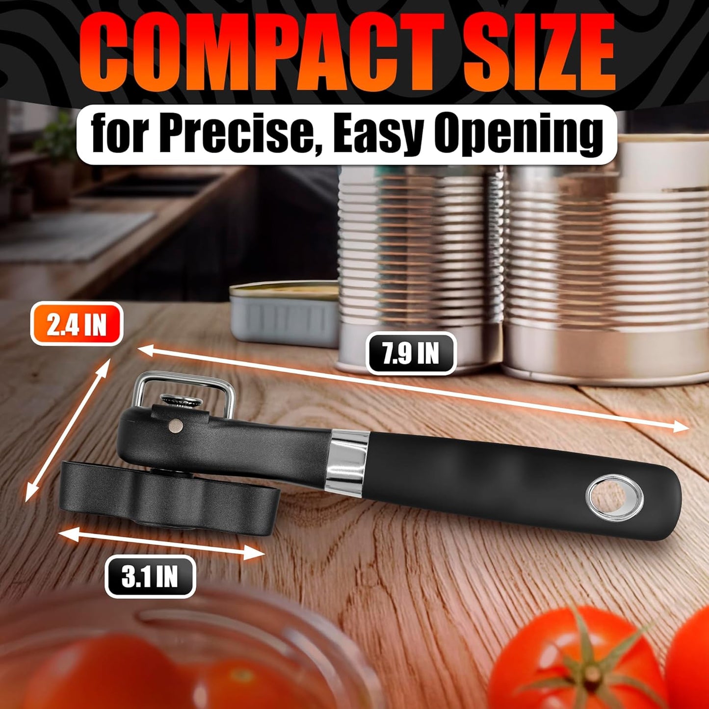 Abrelatas manual de acero inoxidable con mango ergonómico y tapa reutilizable