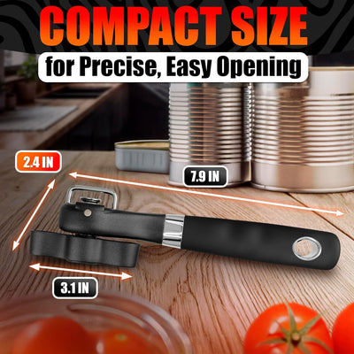 Abrelatas manual de acero inoxidable con mango ergonómico y tapa reutilizable