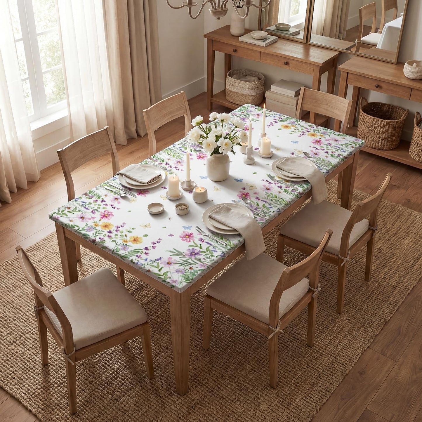 Mantel rectangular 72x30pulg diseño margaritas primavera elástico