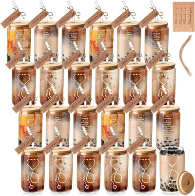 24 Vasos Vidrio Lata 16oz Con Tapa Pajilla Etiqueta Agradecimiento
