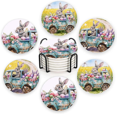 Juego de 6 posavasos cerámica conejo Pascua con soporte