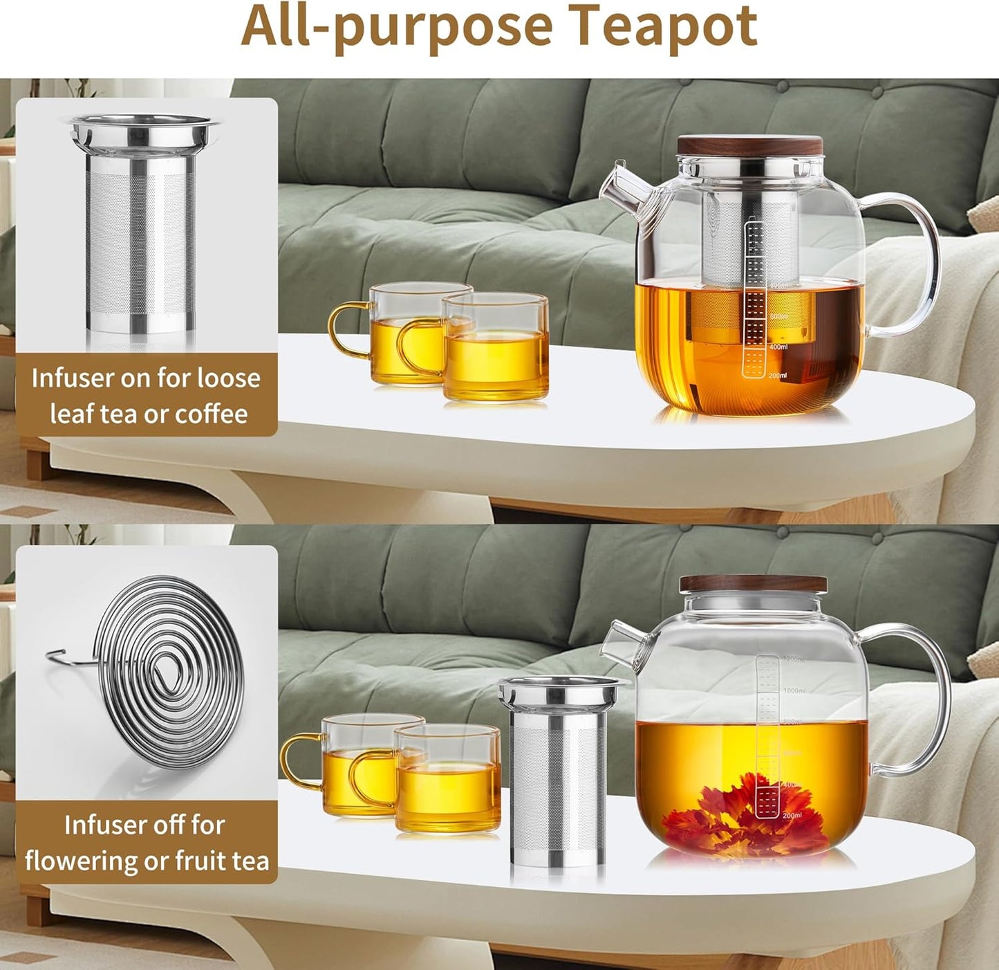 Taza de café de vidrio doble pared 17 oz con infusor y tapa