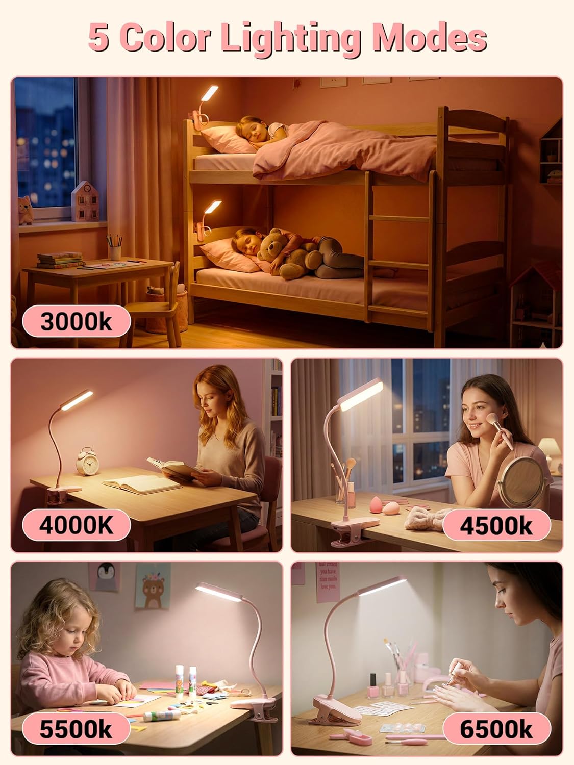 Lámpara escritorio rosa 48 LED 5 colores recargable