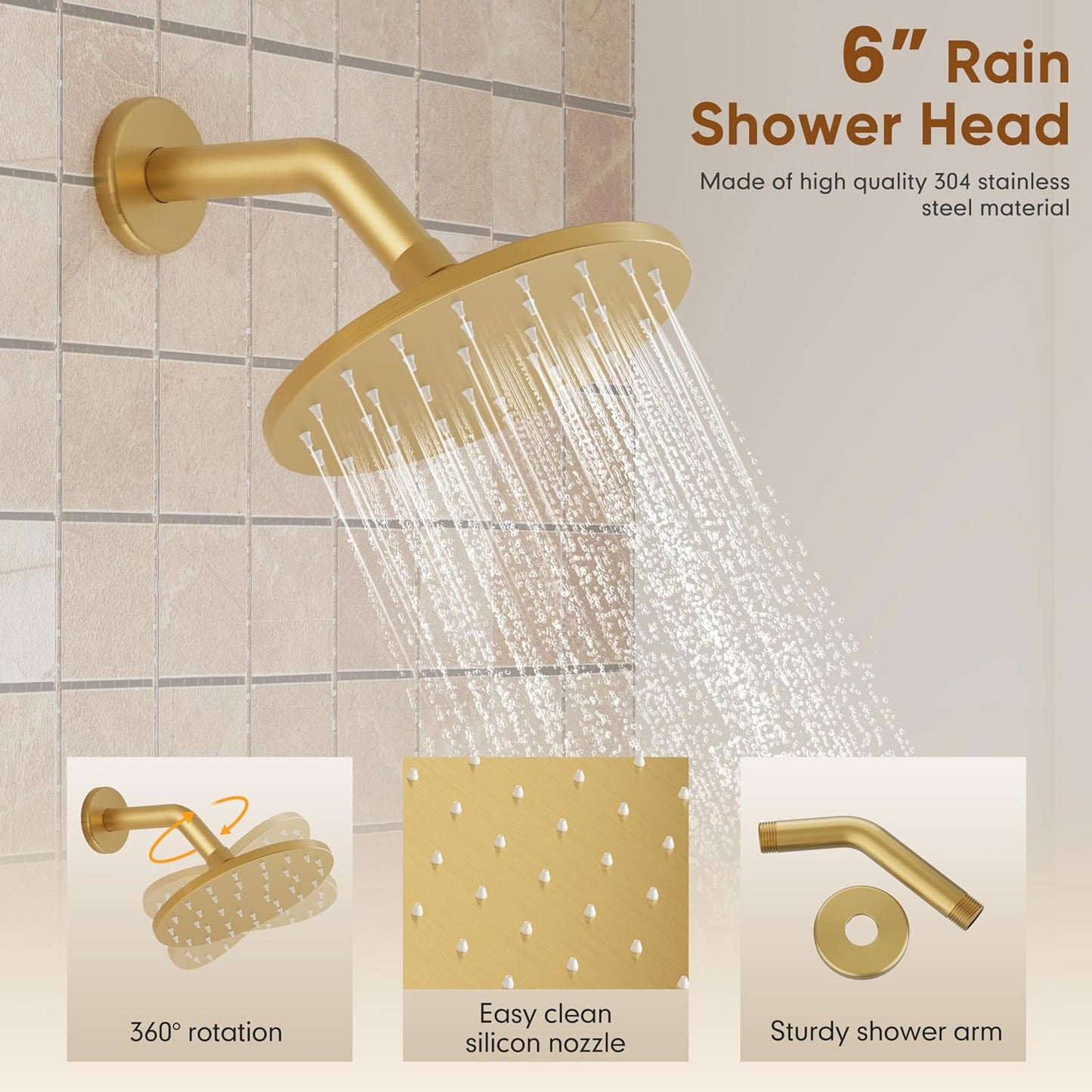 Grifo ducha bañera dorado 6pulg lluvia metal solo mango