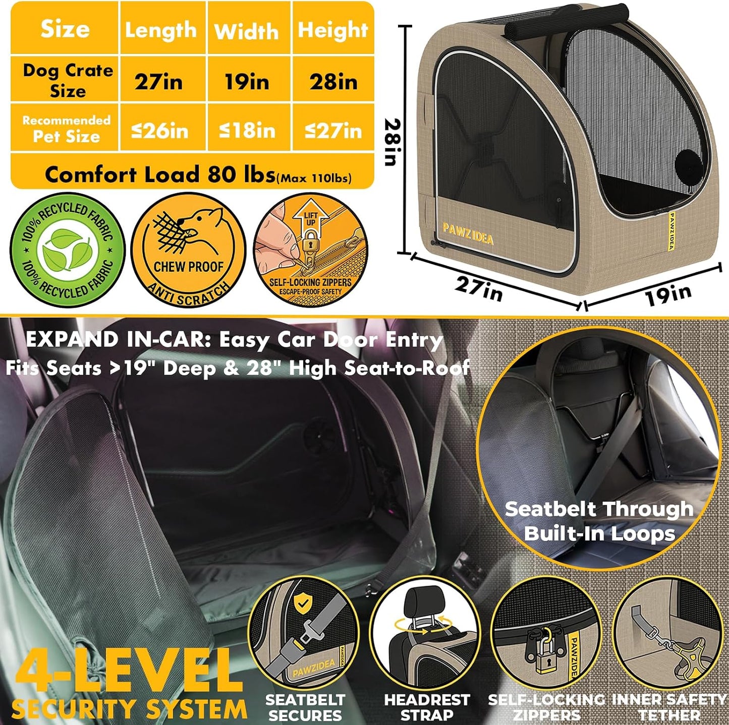 Jaula perros automóvil 80lb para asiento trasero vertical